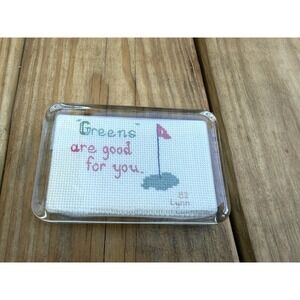 VTG Golfer "Greens Are Good For You" Glass Paperweight Needlepoint Design 4.25"